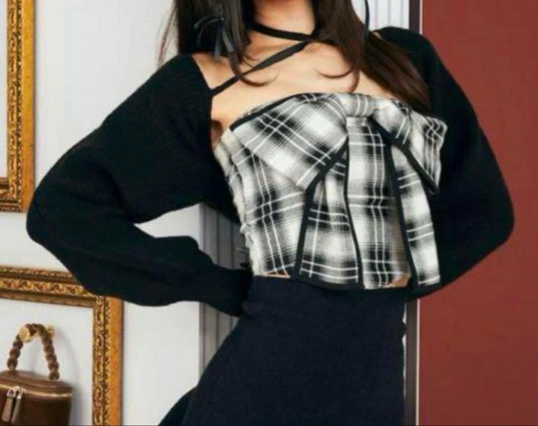 ダーリッチ　リボン付きチェック柄ベアトップ ビッグリボンアンサンブル