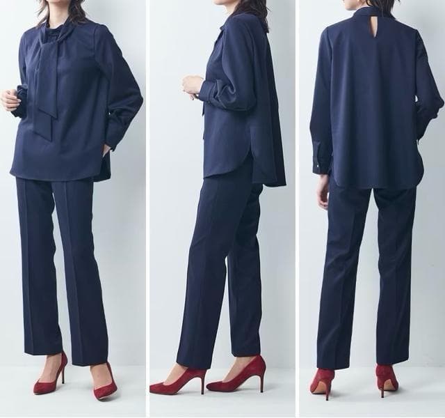 新品☆LL♪紺系♪衿リボンタイ♪セットアップパンツスーツ♪3点〇D195