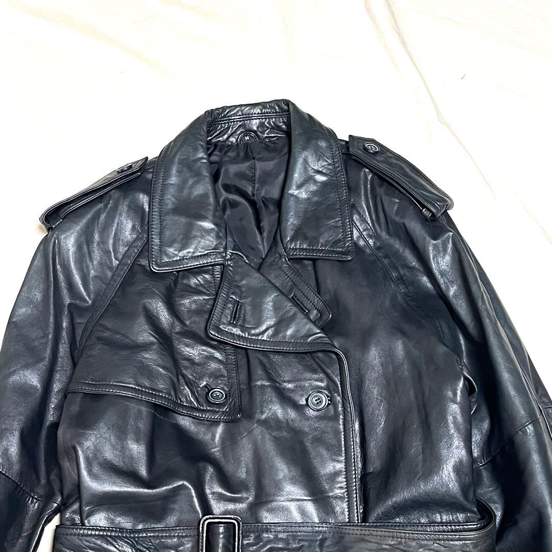 ACROCORE　カウレザーロングトレンチコート　牛革　ベルト付き　黒　L程