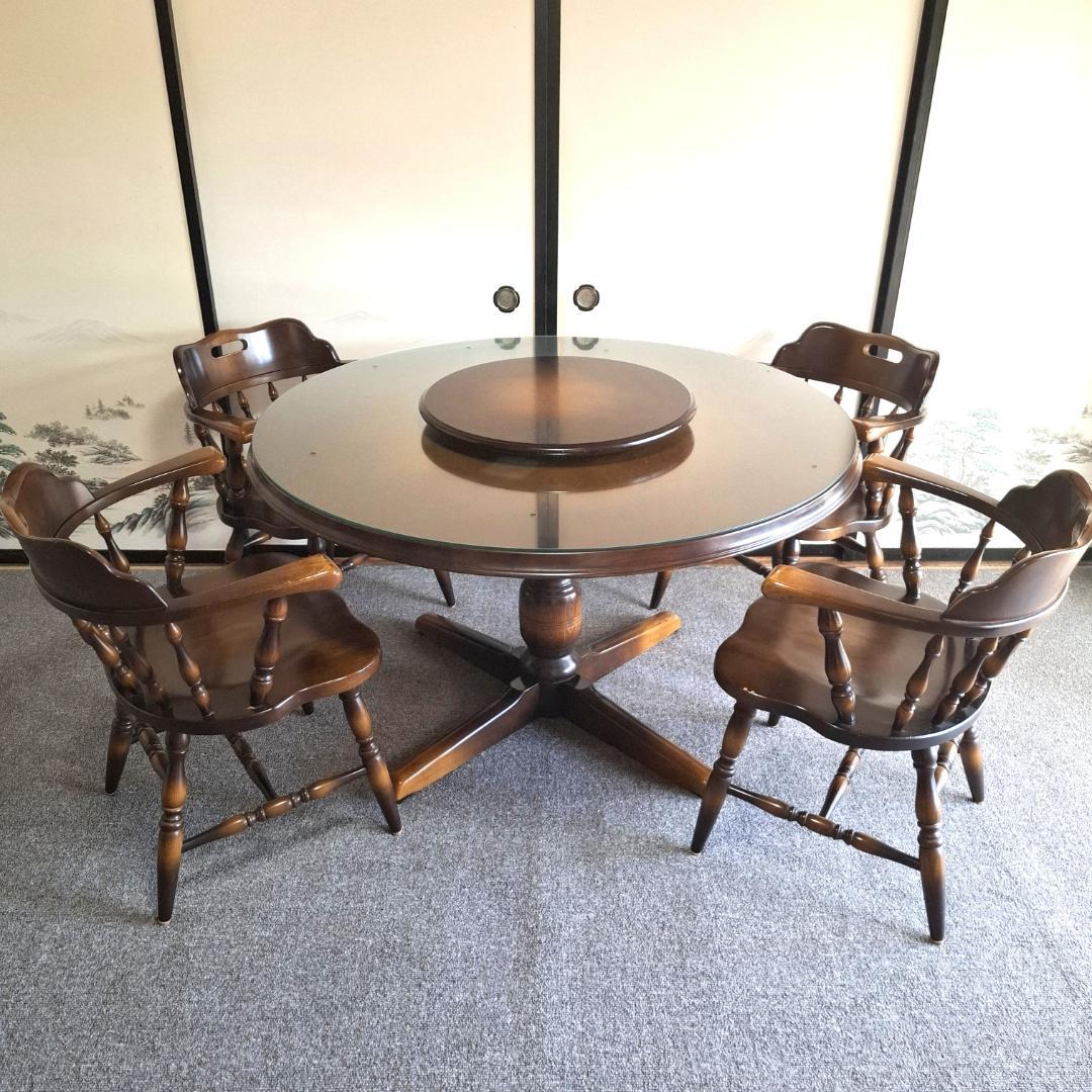 飛騨産業★キツツキ★ラウンドテーブル ダイニングテーブル★付属（ガラス、回転盤）