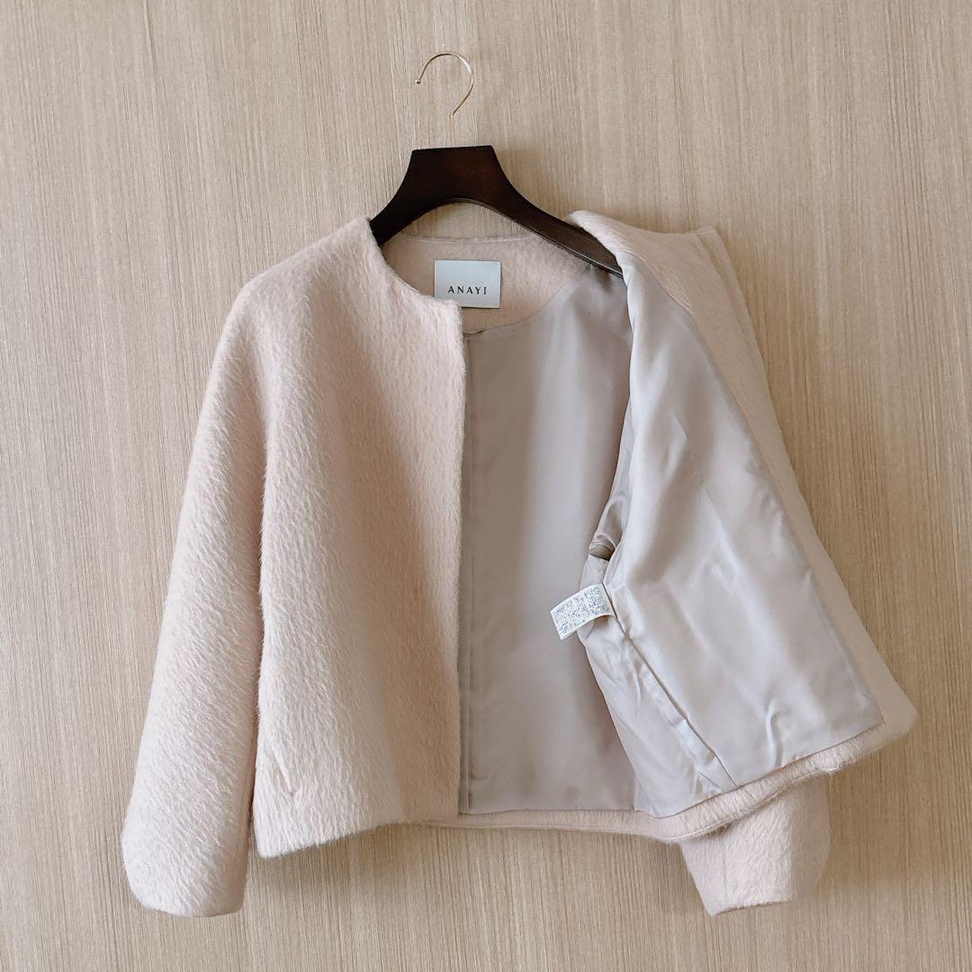 【1034】美品　アナイ　アルパカヘリンボンショートコート　ライトベージュ　A