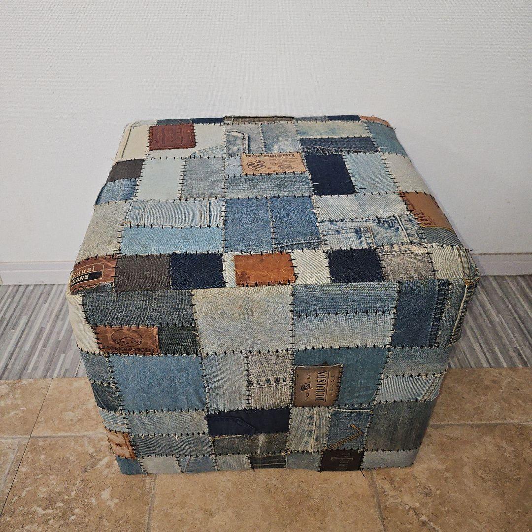 希少 ヴィンテージ デニムパッチワーク スツール 椅子 オットマン 1点物