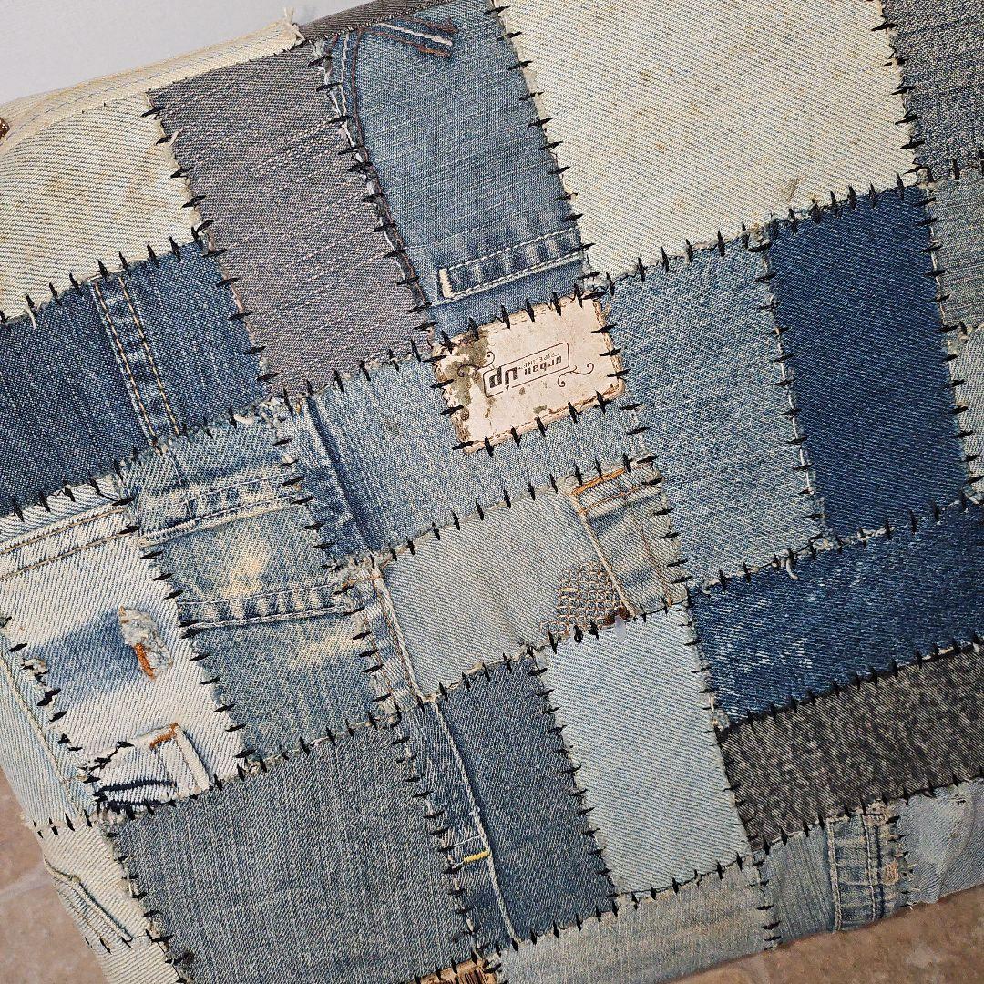 希少 ヴィンテージ デニムパッチワーク スツール 椅子 オットマン 1点物