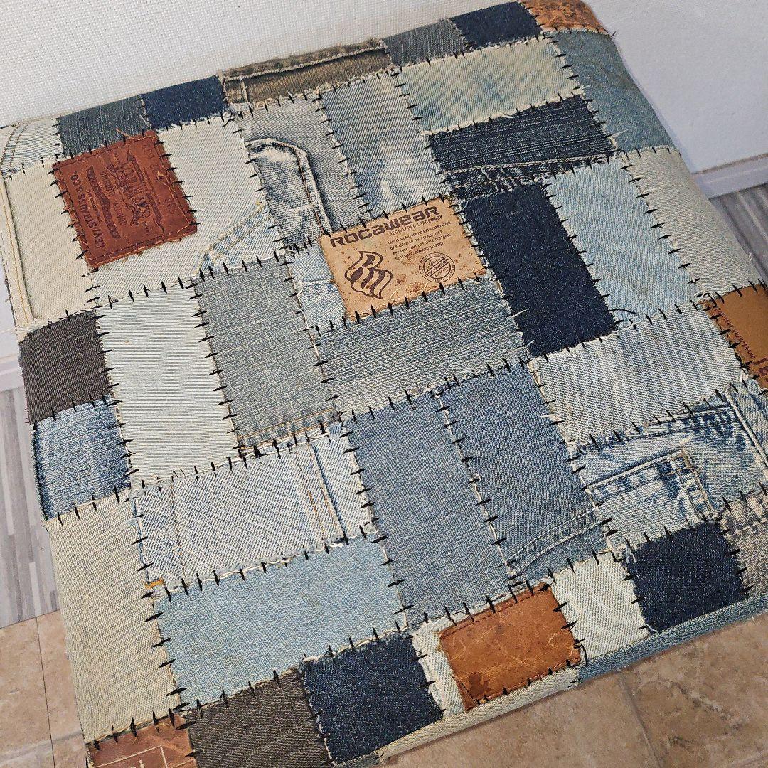 希少 ヴィンテージ デニムパッチワーク スツール 椅子 オットマン 1点物