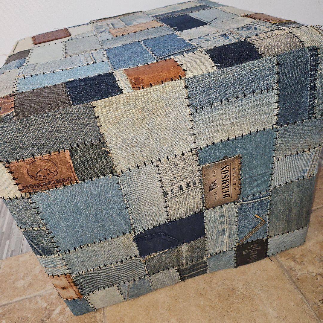 希少 ヴィンテージ デニムパッチワーク スツール 椅子 オットマン 1点物