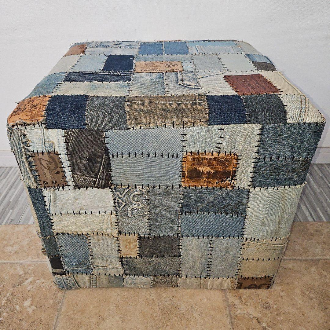 希少 ヴィンテージ デニムパッチワーク スツール 椅子 オットマン 1点物