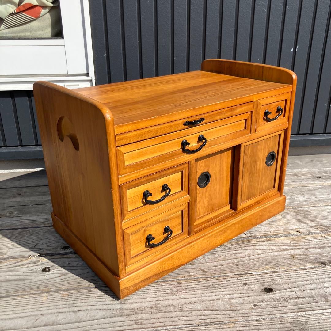 昭和レトロ 多数収納木製サイドテーブル お座敷ワゴン ポットワゴン キャスター付