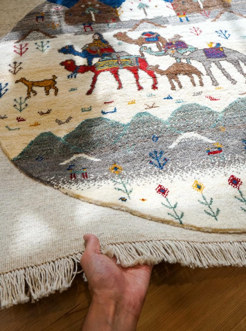 ペルシャ手織りギャッベ リーズバフト 丸103×102cm