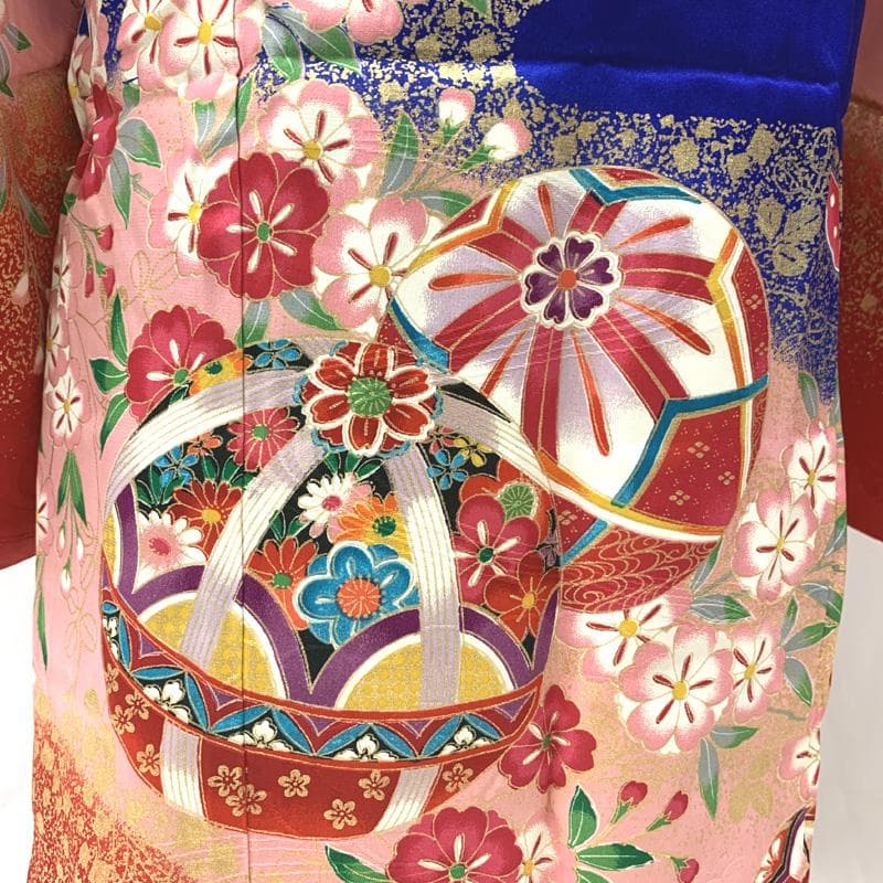 406ag6着物&長襦袢□七五三 七歳 女児 金彩 蝶 毬文□状態良好