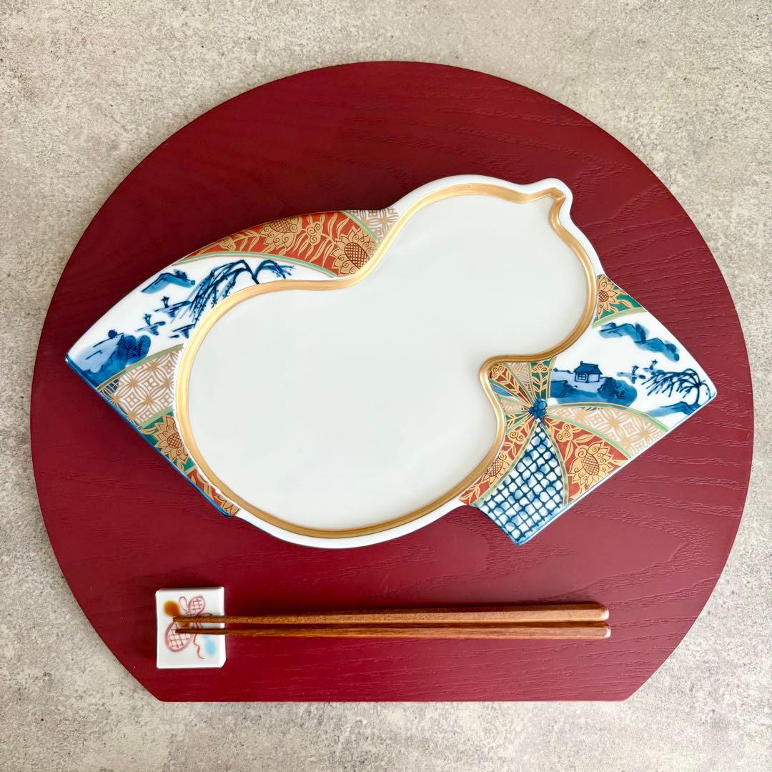 扇瓢箪皿　3枚　高級和食器　平皿　口替り皿　縁起物　金彩　手描き　作家　有田焼