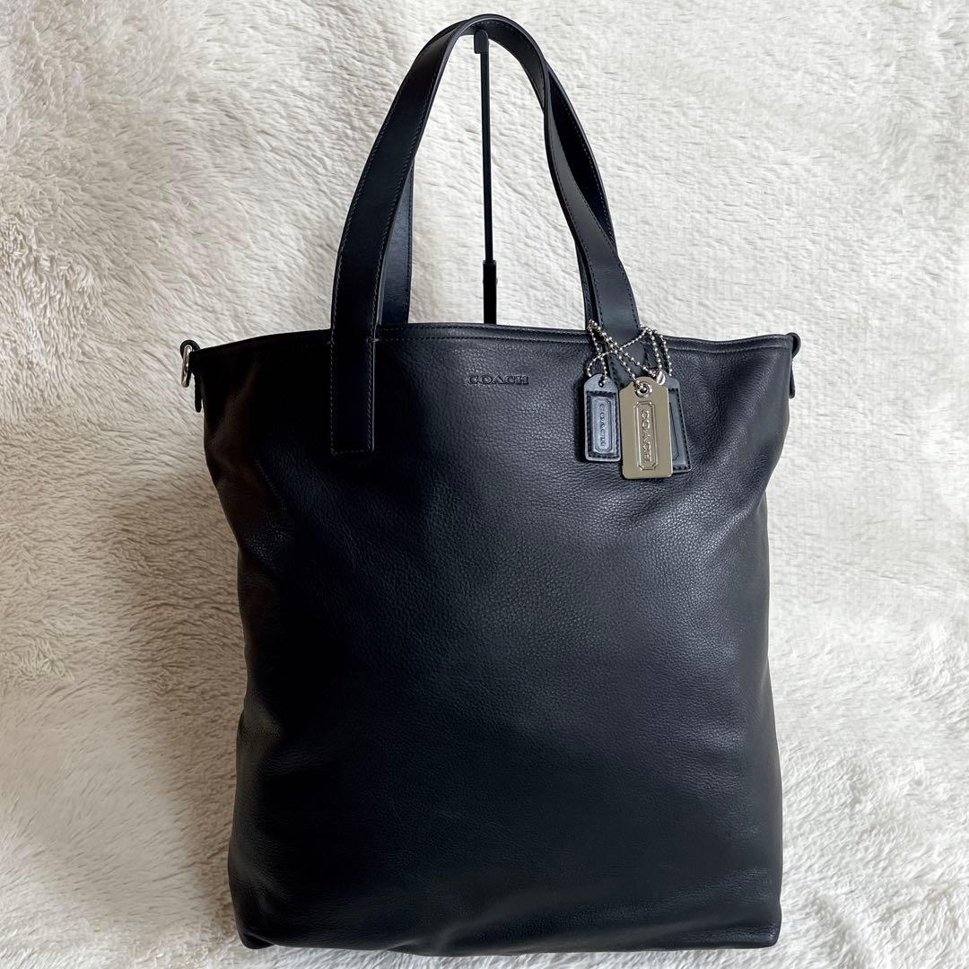 美品 COACH コーチ オールレザー トートバッグ 肩がけ ロゴ ブラック 黒