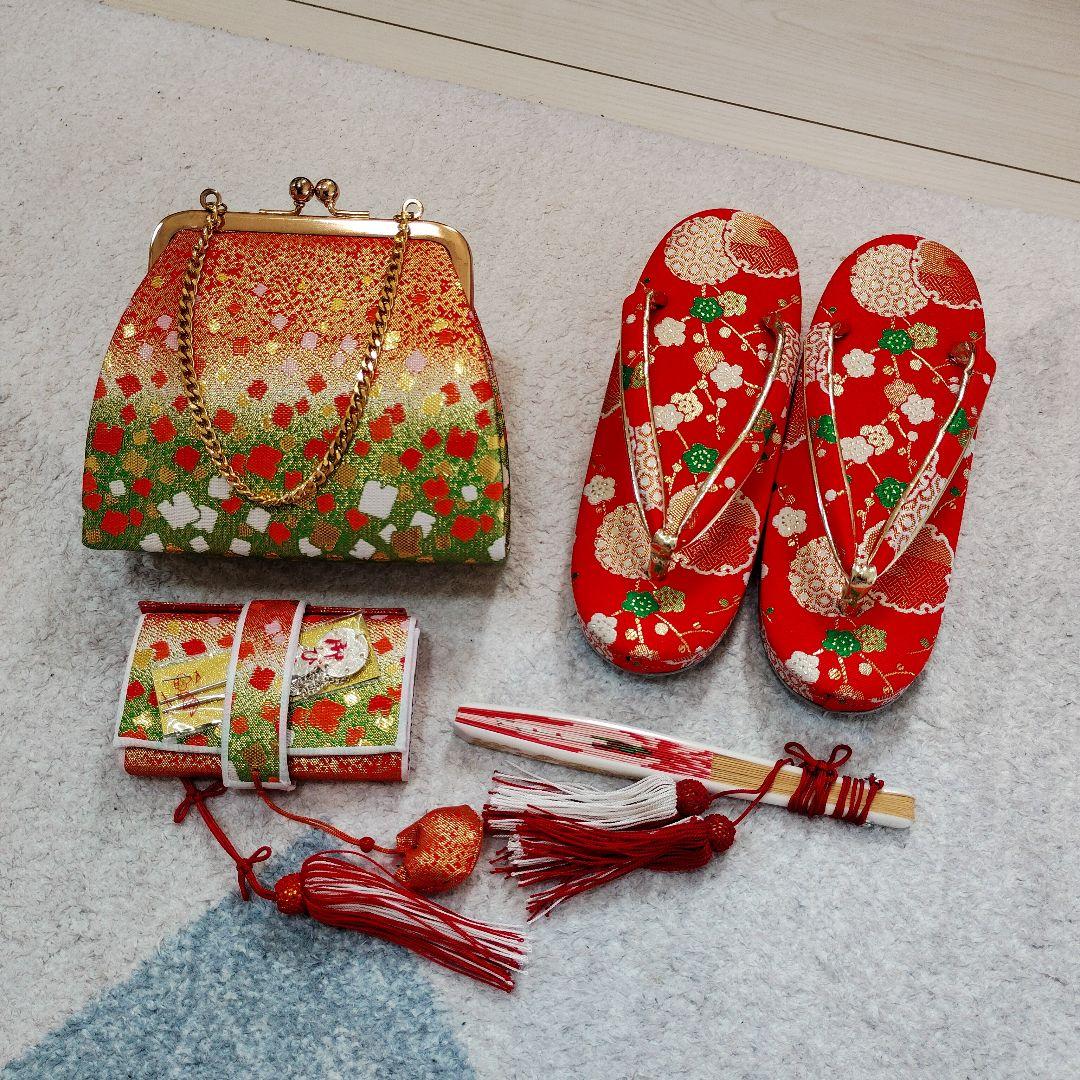 七五三 6歳 7歳 正絹 着物 帯 バッグ 草履 小物セット 赤 古典柄
