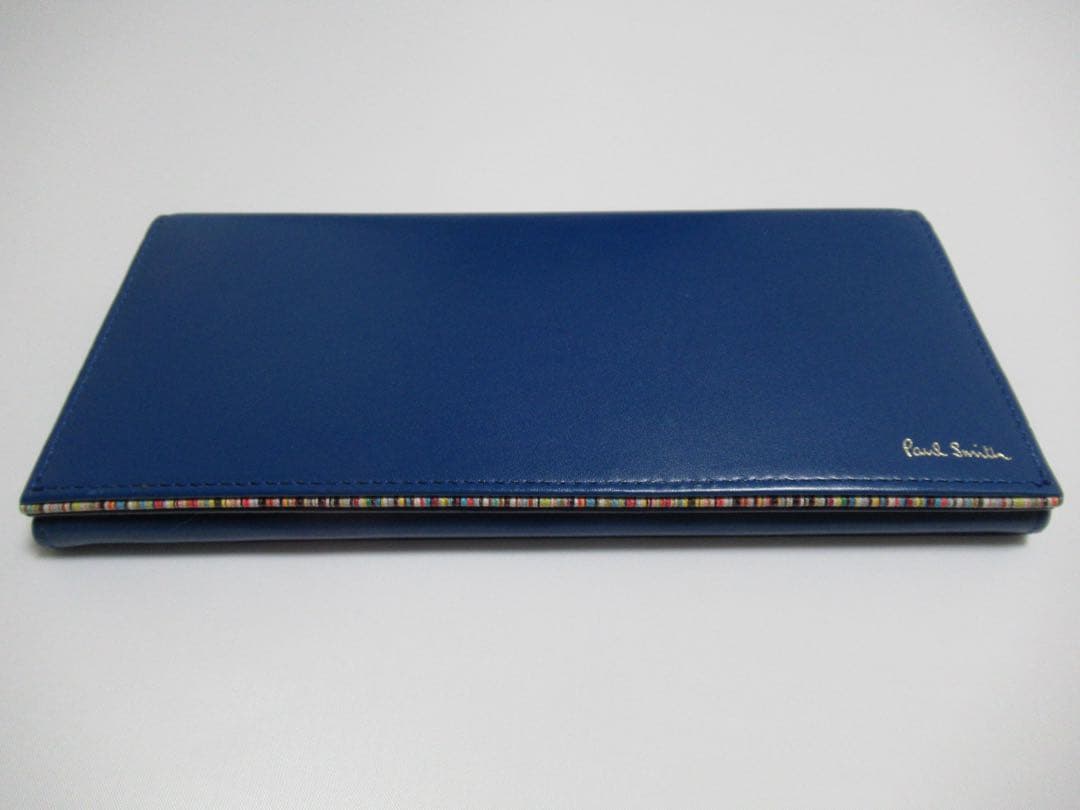 ポールスミス 新品！シグネチャーストライプ小銭入れ付き二つ折り羊革長財布 青