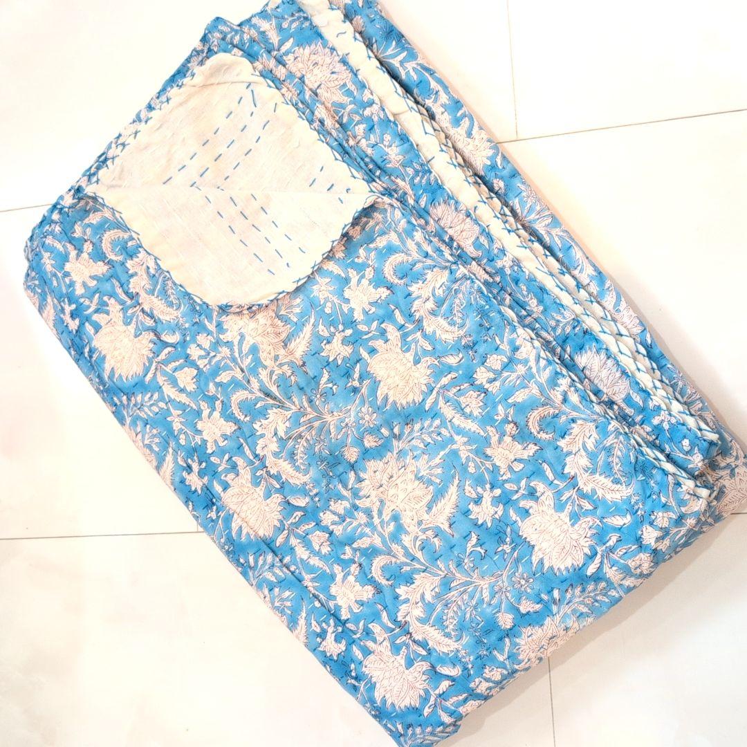 【L】花柄 ハンドブロックプリント カンタキルト ソファカバー ブルー 760