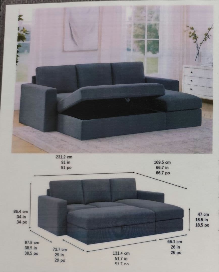 収納オットマン付き3ピース布製ソファー