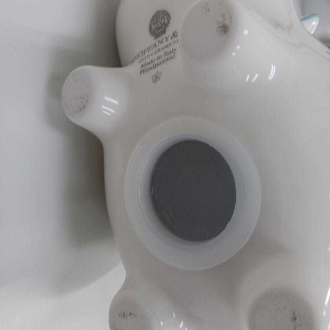 ティファニー美品ピギーバンク陶器製豚貯金箱 白と水色の水玉模様