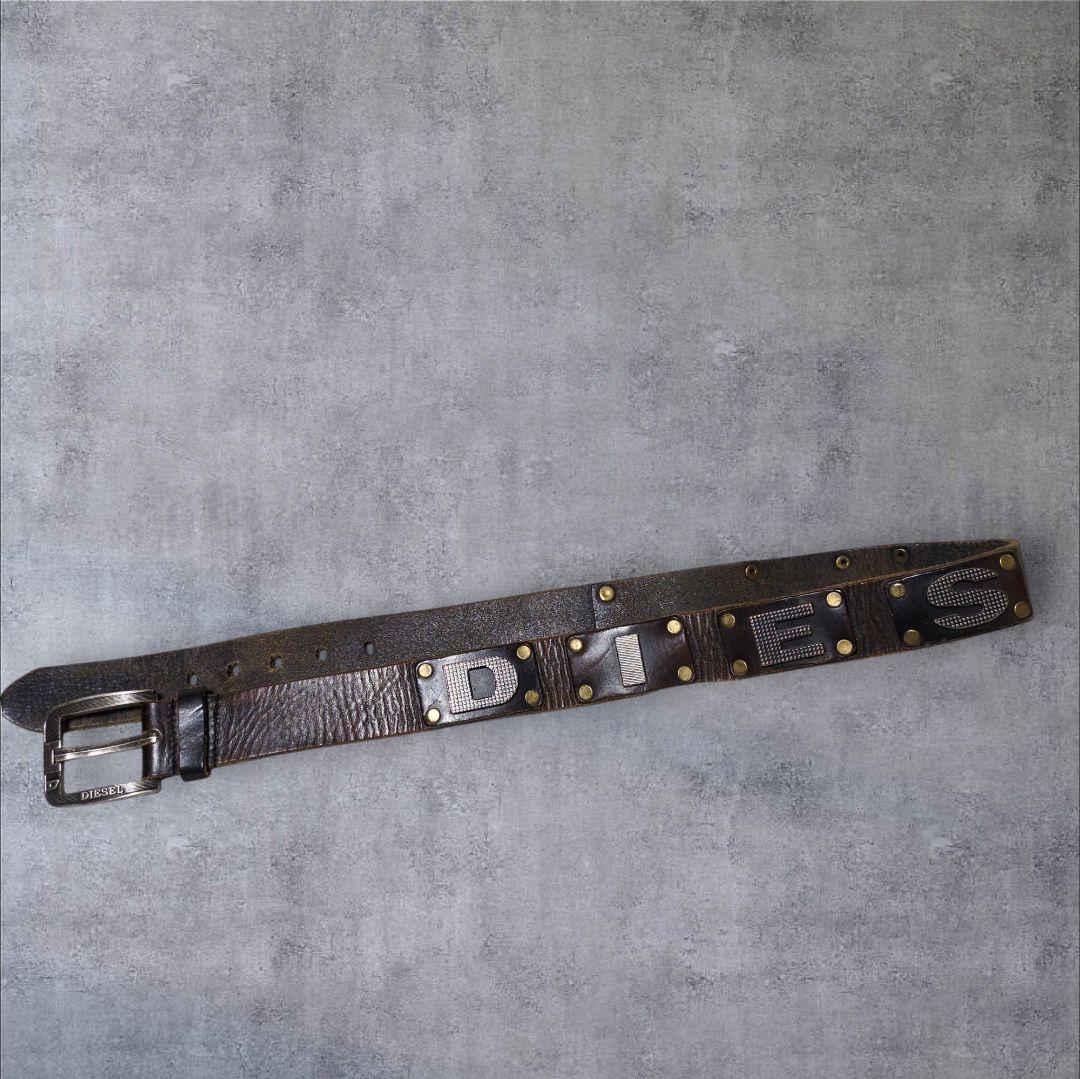 ディーゼル ロゴ スタッズ ベルト イタリア製 本革 ヴィンテージ加工 y2k