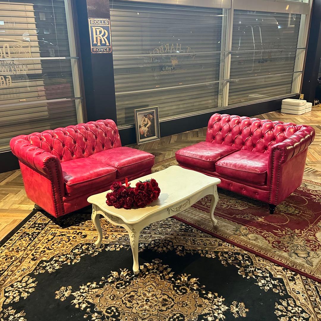 ピンクレザー風2人掛け×2セットソファ