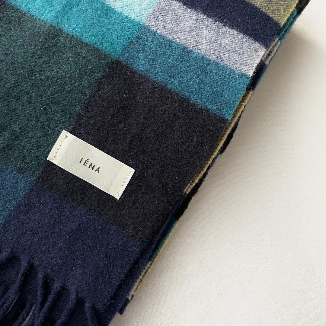 美品！IENAカシミヤストール 大判マフラー チェック イエナ ネイビー 紺色
