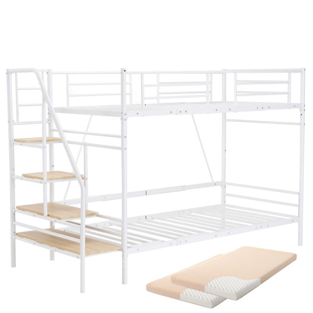 【マットレス2個付】Sロフトベッド 階段付きパイプベッド シングル 収納スチール