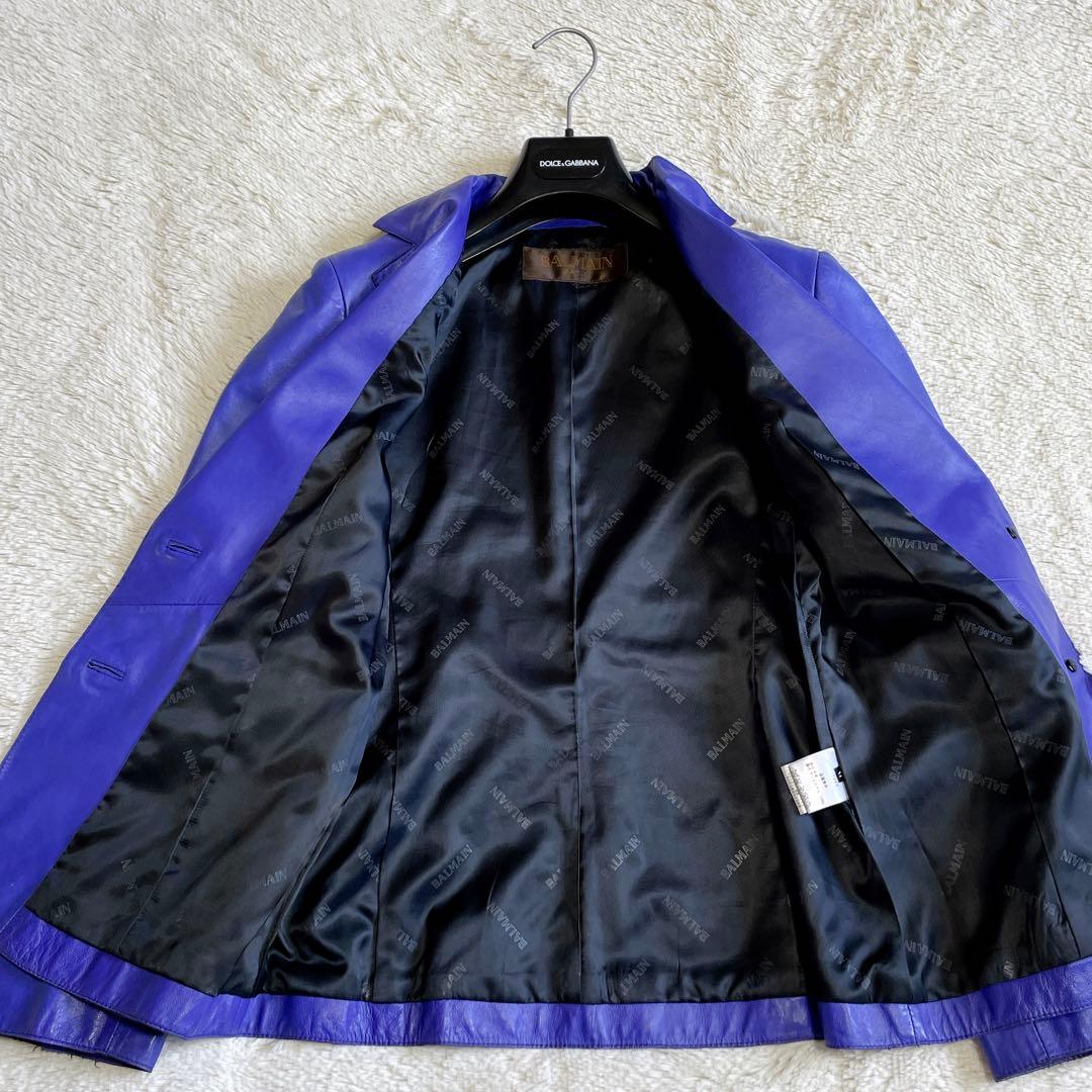 美品 希少カラー BALMAIN バルマン レザージャケット ライダース ブルー