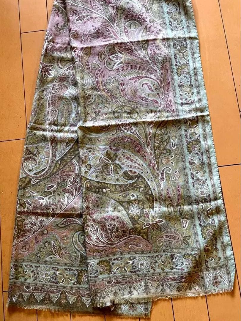 値下げETRO 大判　長方形ロングストール　若草色とピンク　ウール／シルク　美品