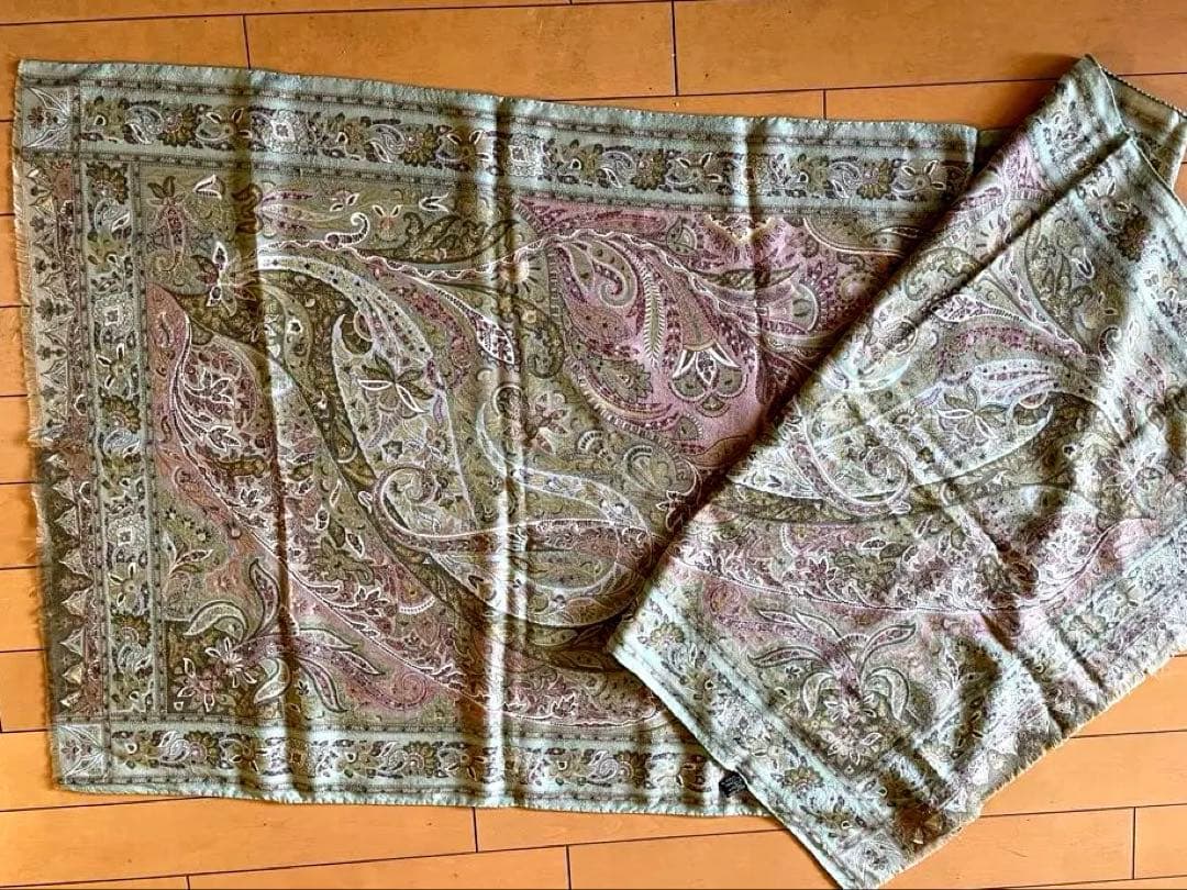 値下げETRO 大判　長方形ロングストール　若草色とピンク　ウール／シルク　美品