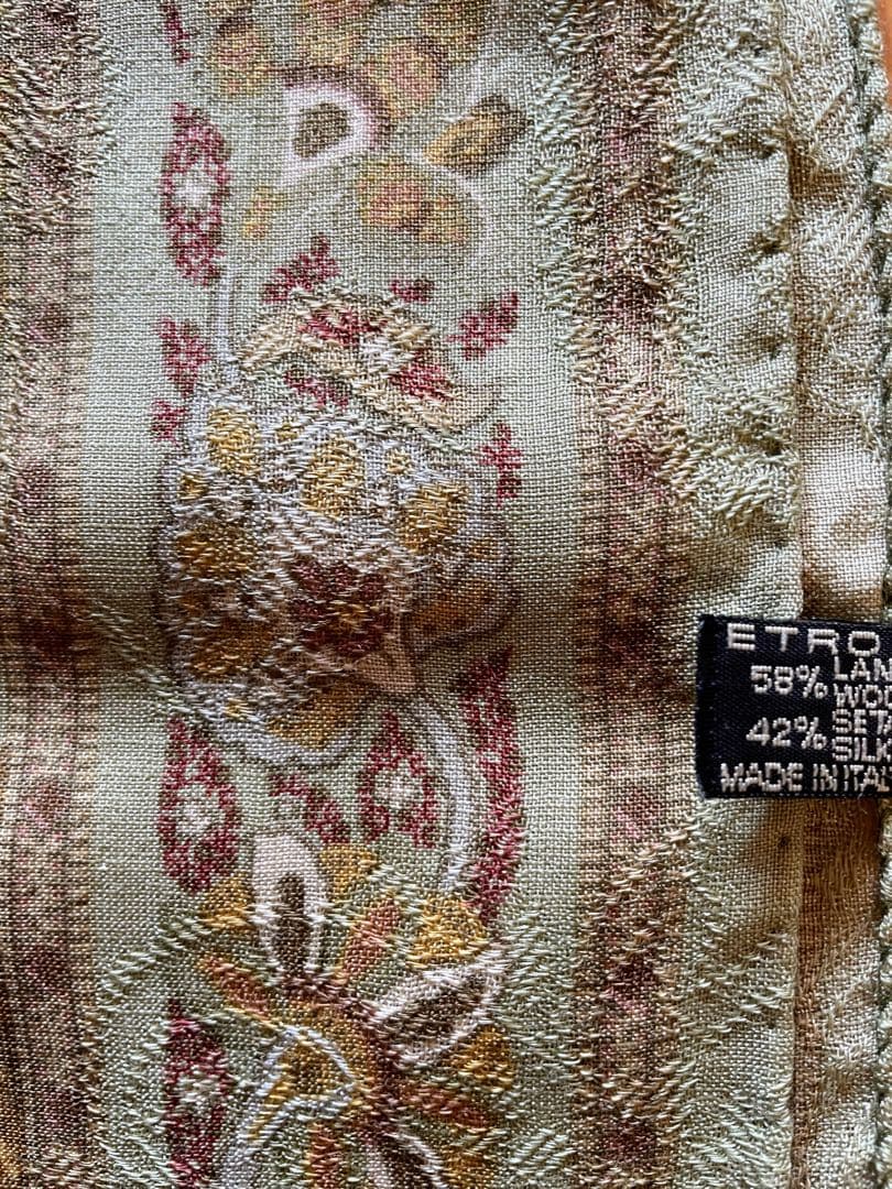 値下げETRO 大判　長方形ロングストール　若草色とピンク　ウール／シルク　美品