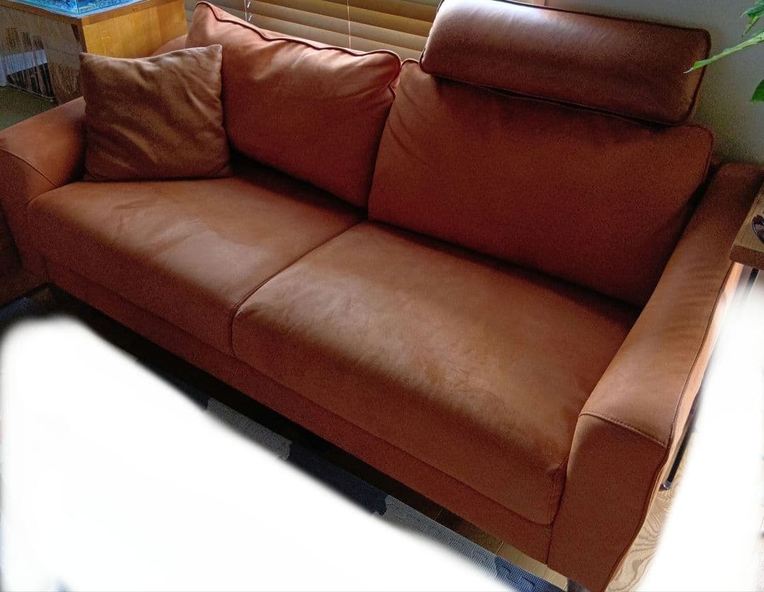 引き取り！　　キャメルオレンジ　大川家具　革ソファ