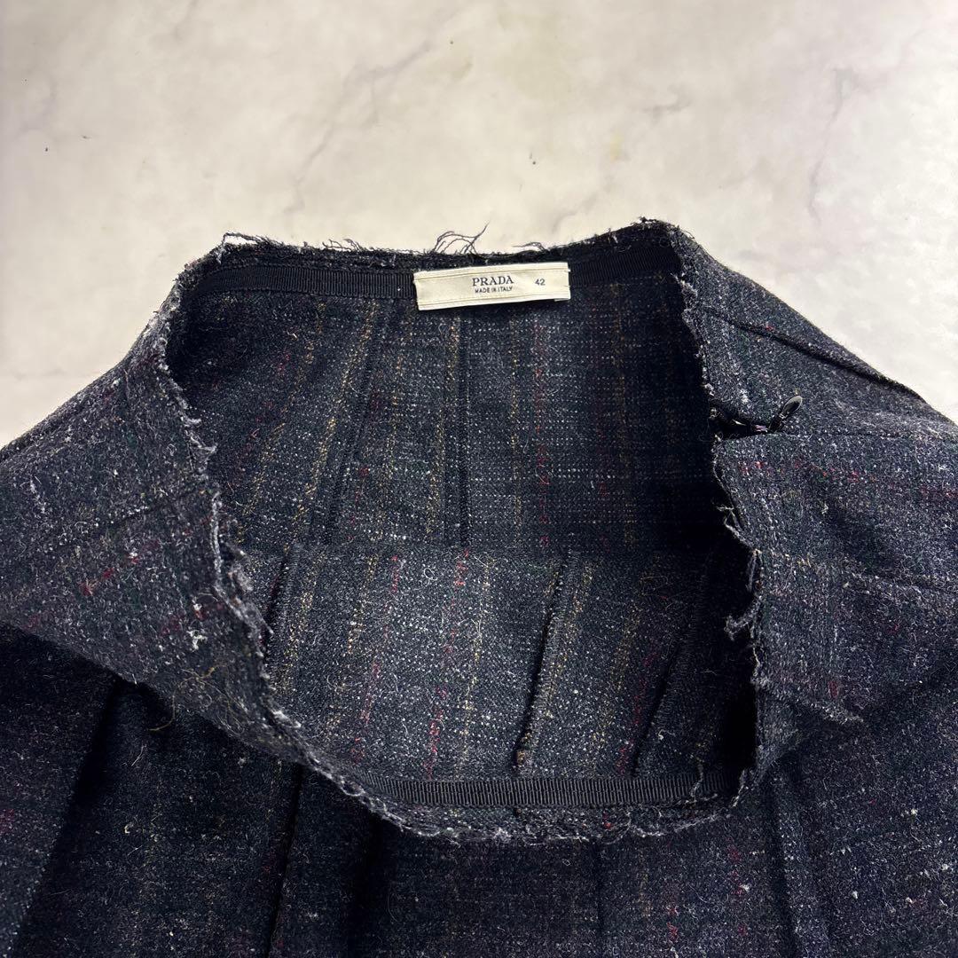 美品✨プラダ カシミヤ混 ツイードフレアプリーツスカート 厚手 ダークグレー L