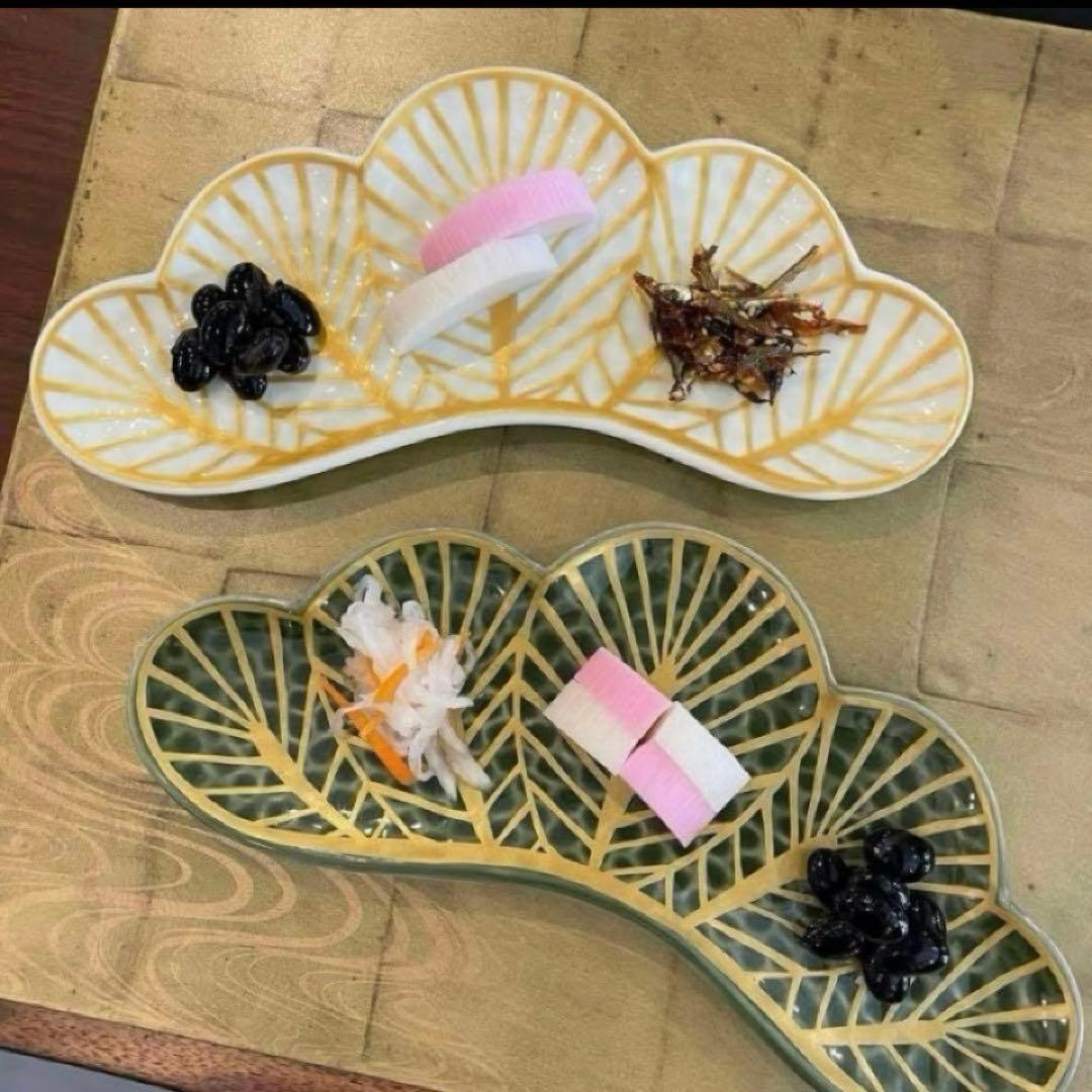 【新品】【大人気】有田焼幸楽窯 錦茶緑金松葉形前菜皿3枚セット　縁起物