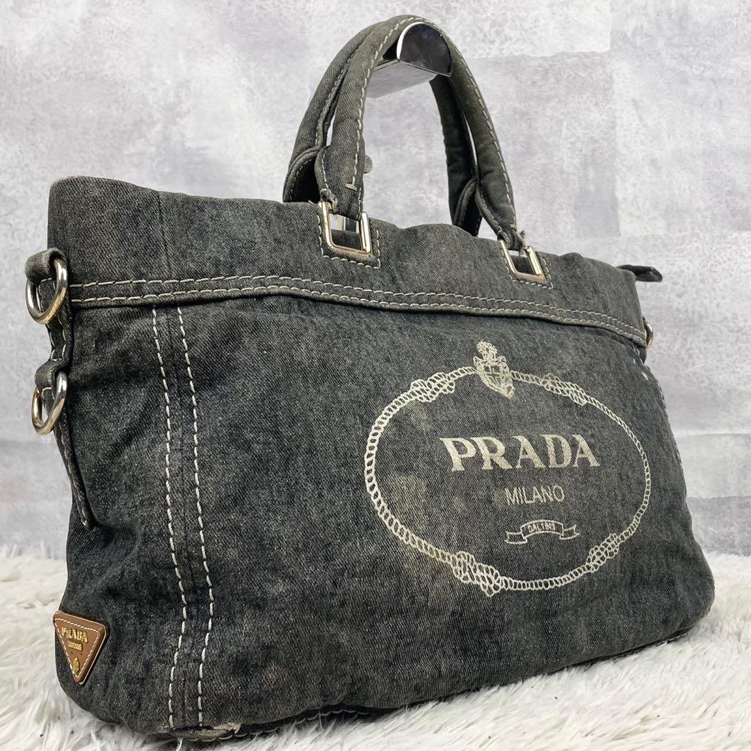 美品 プラダ デニム トートバッグ カナパ ステッチ 3角プレート グレー