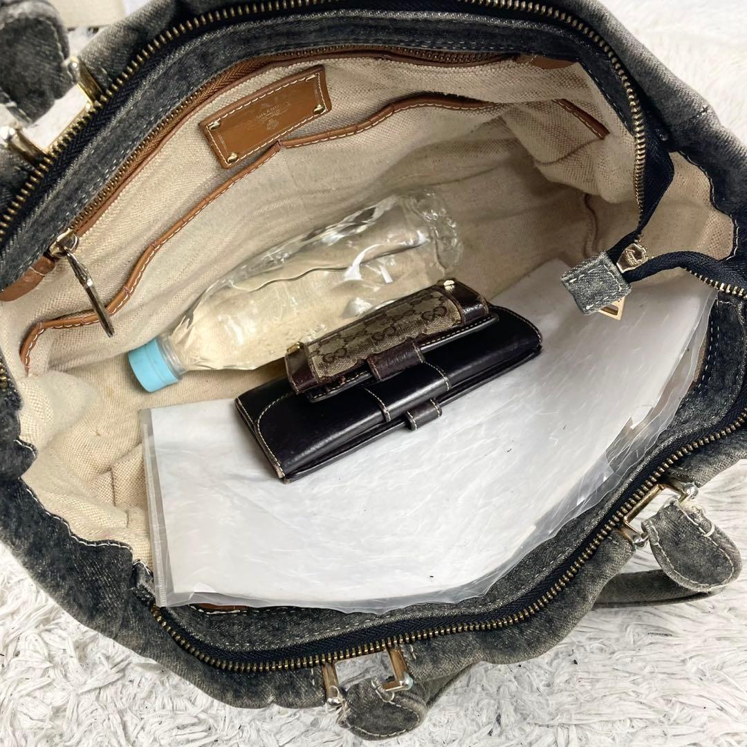 美品 プラダ デニム トートバッグ カナパ ステッチ 3角プレート グレー