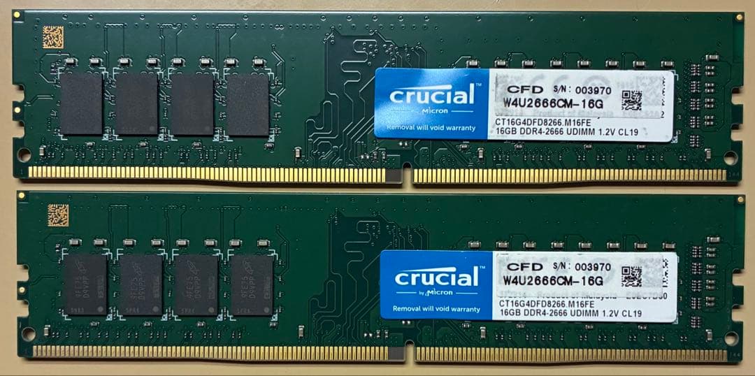 【中古】DDR4-2666 32GB(16GB×2枚) crucial