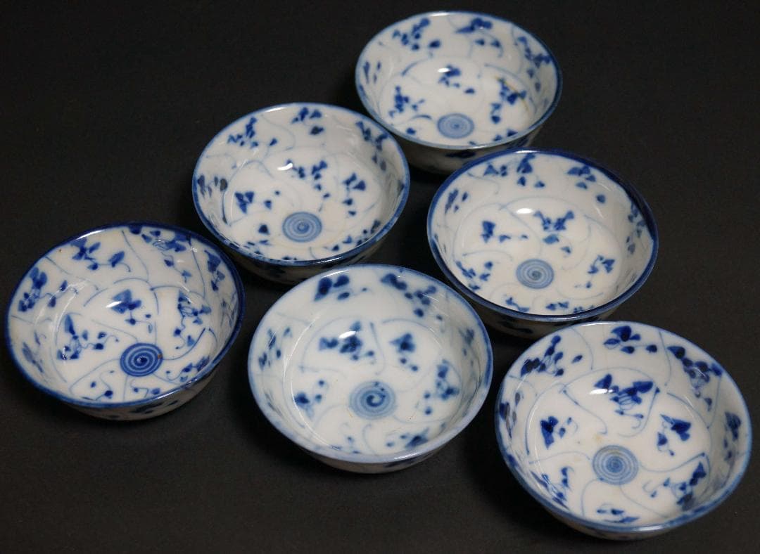 唐物 清朝 染付青花 なずな文 煎茶碗(六客)汲み出し茶碗 煎茶道具 箱付