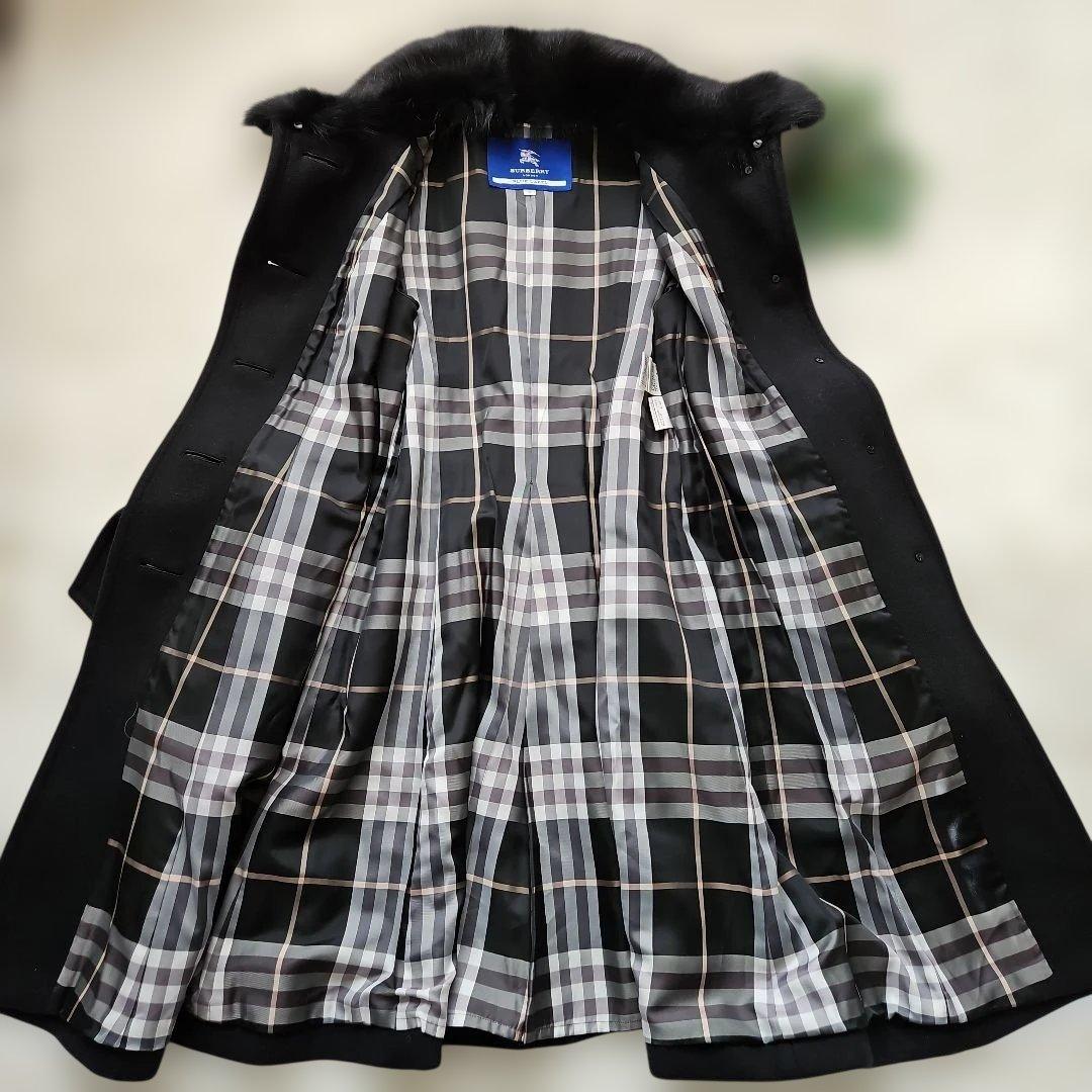バーバリーブルーレーベル ロングコート フォックスファー ノバチェック 黒 38