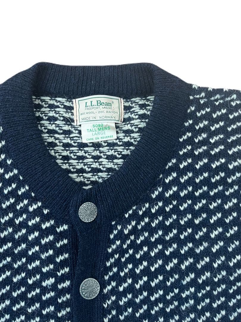 80s L.L.Bean ネイビー バーズアイ　カーディガン　ノルウェー製　L