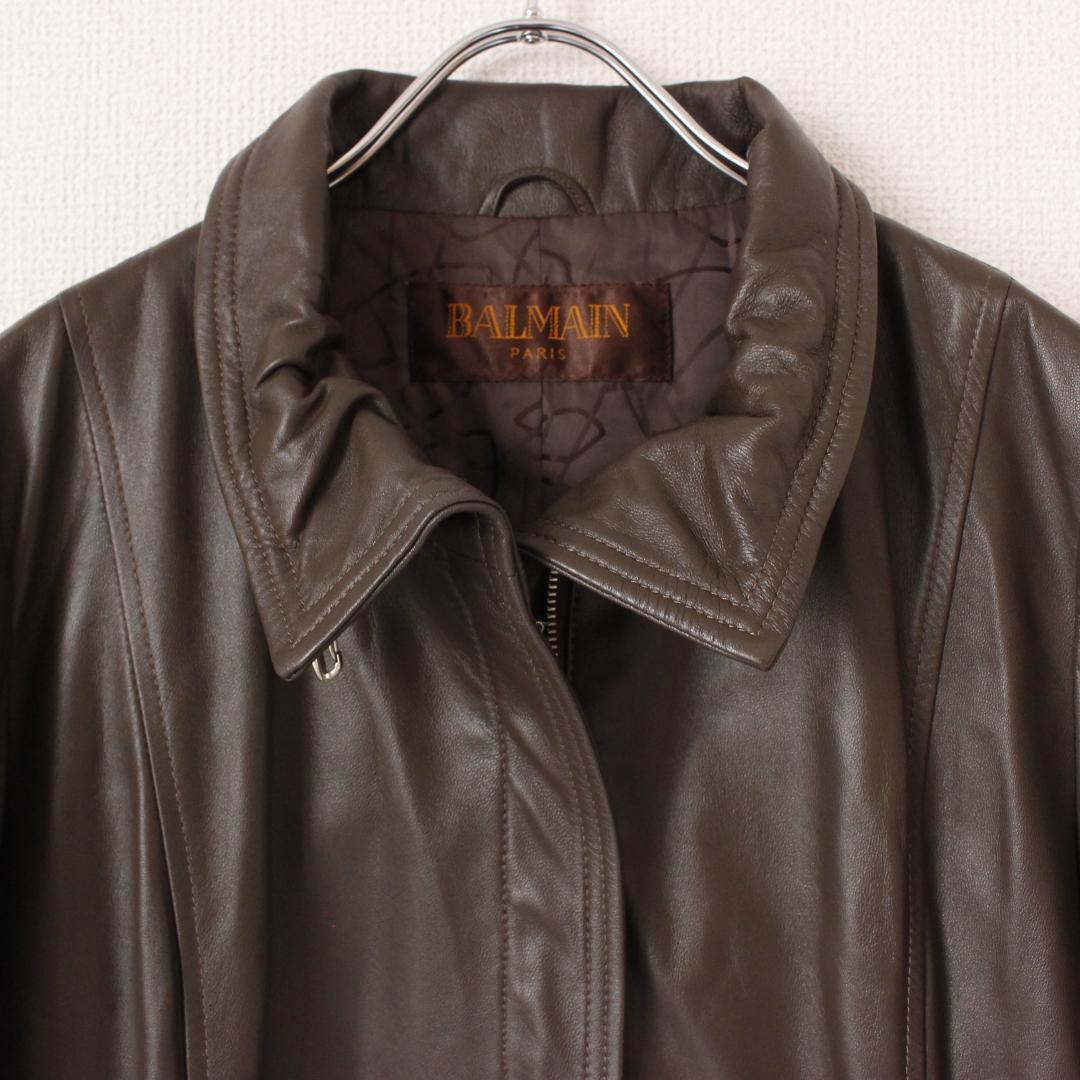 BALMAIN ラムレザースタンドカラーロングコート Lサイズ ブラウン