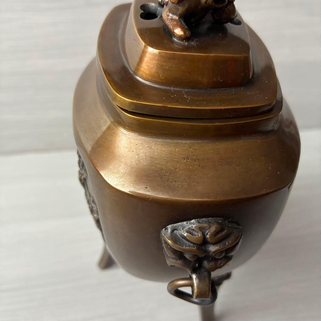 香炉　青銅製　獅子　孔雀　三足　高岡銅器　瑞峰作　茶道具　香道具　お香付き