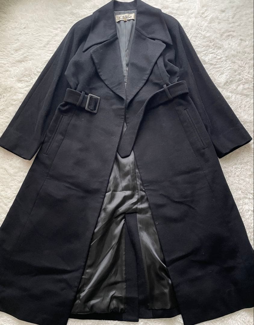 Chloé 90'sウール100％ ベルト付ロングコート黒 M ヴィンテージ