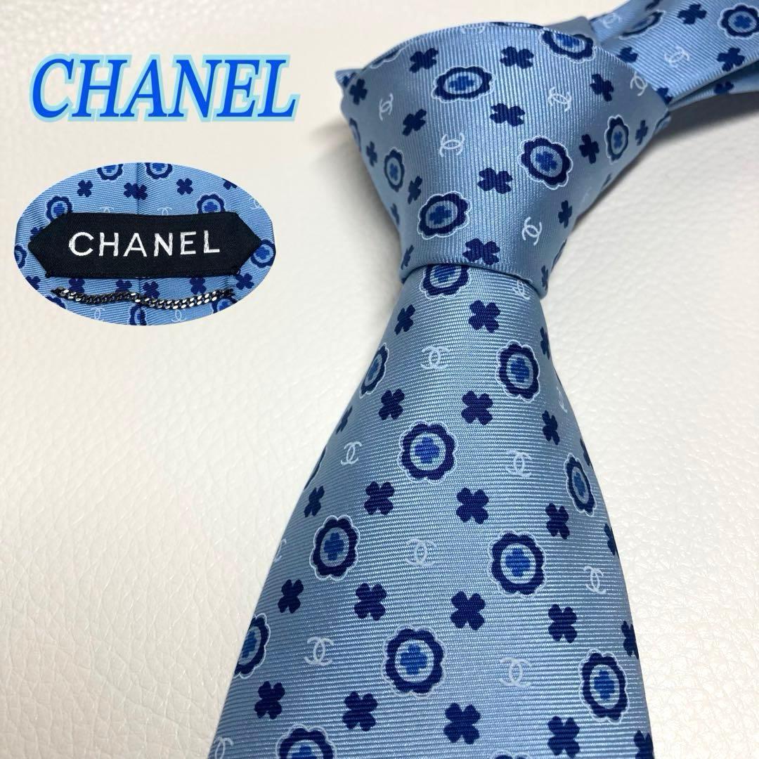 【極美品】CHANEL シャネル　ネクタイ　ライトブルー　ココマーク　サークル