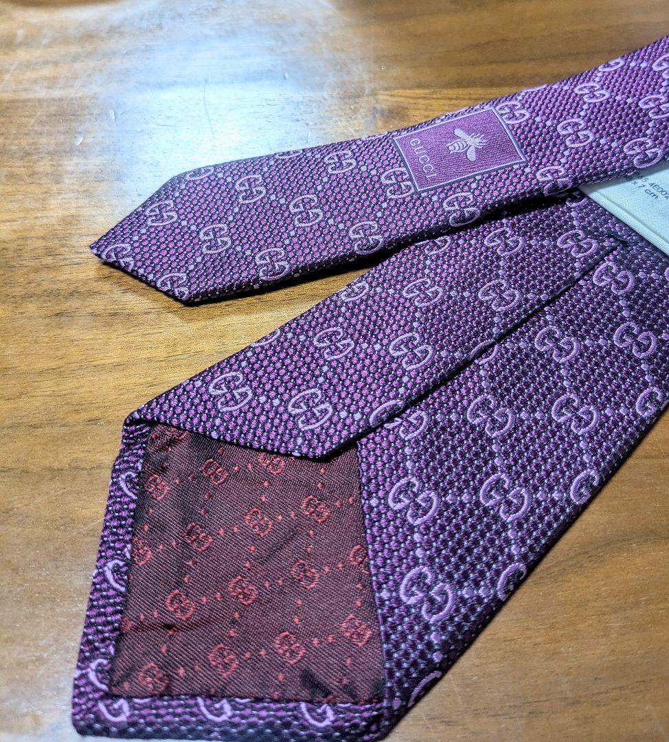 GUCCI 紫色 シルク ネクタイ GGパターン クリーニング済み　(AY)