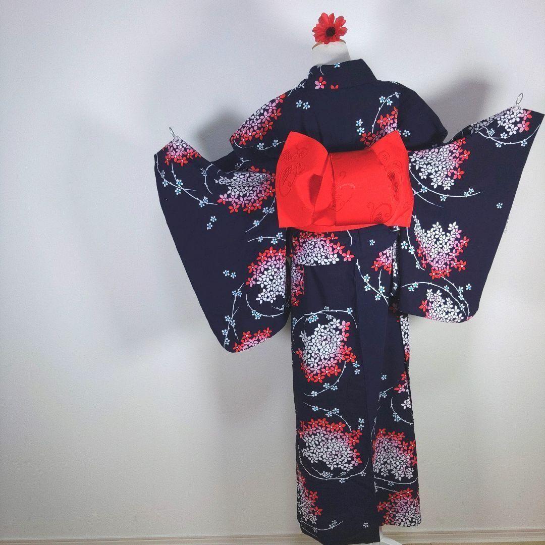 レトロ　キッズ　子供　浴衣　ネイビー　花柄　140cm　作り帯　赤　兵児帯　黄