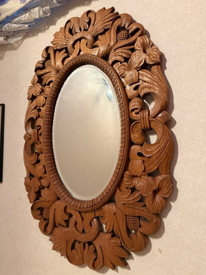 楕円形　ミラー　木彫り