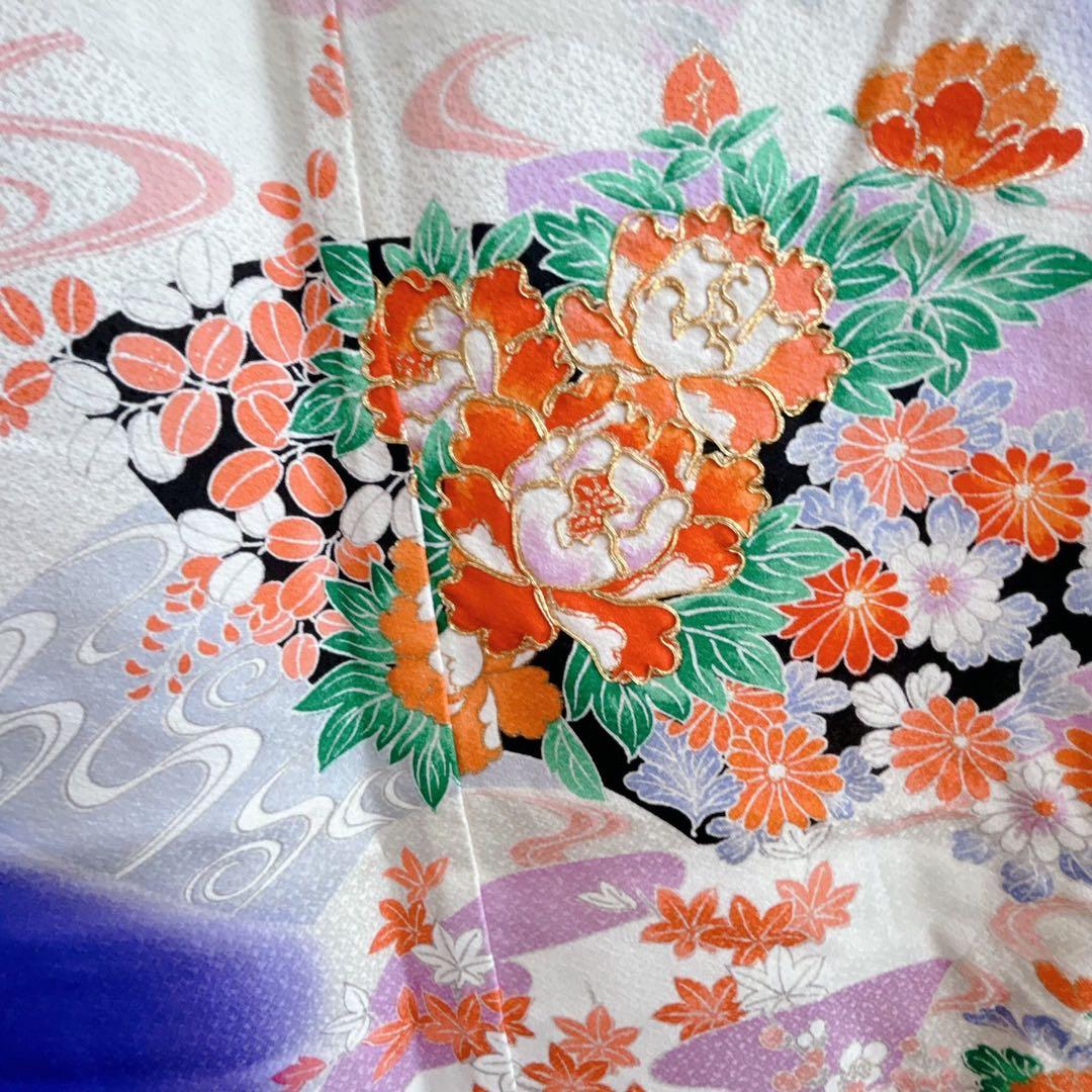 フルセット　七五三　7歳女の子　きもの　絹　紫　牡丹　小物セット