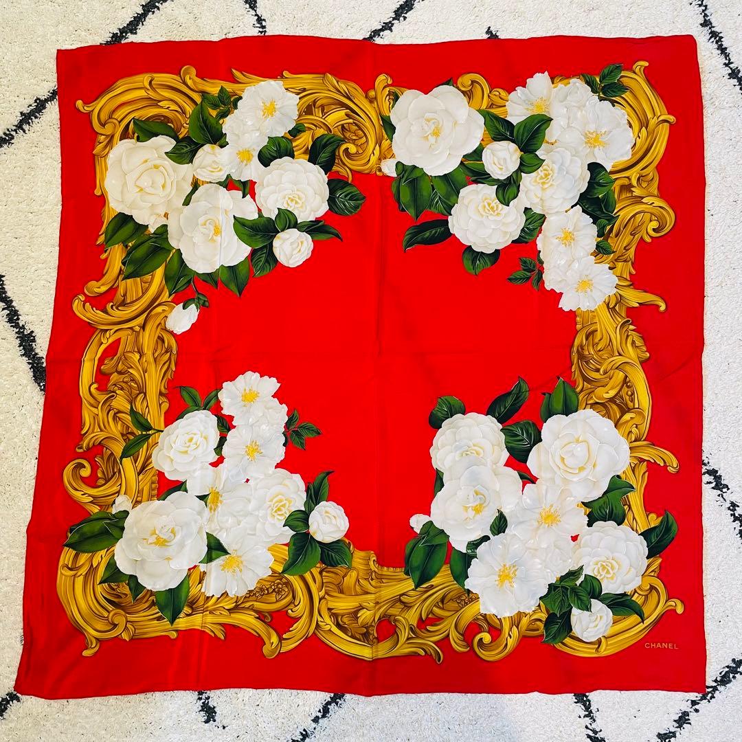 【最終値下げ】CHANEL シルクスカーフ 花柄 レッド