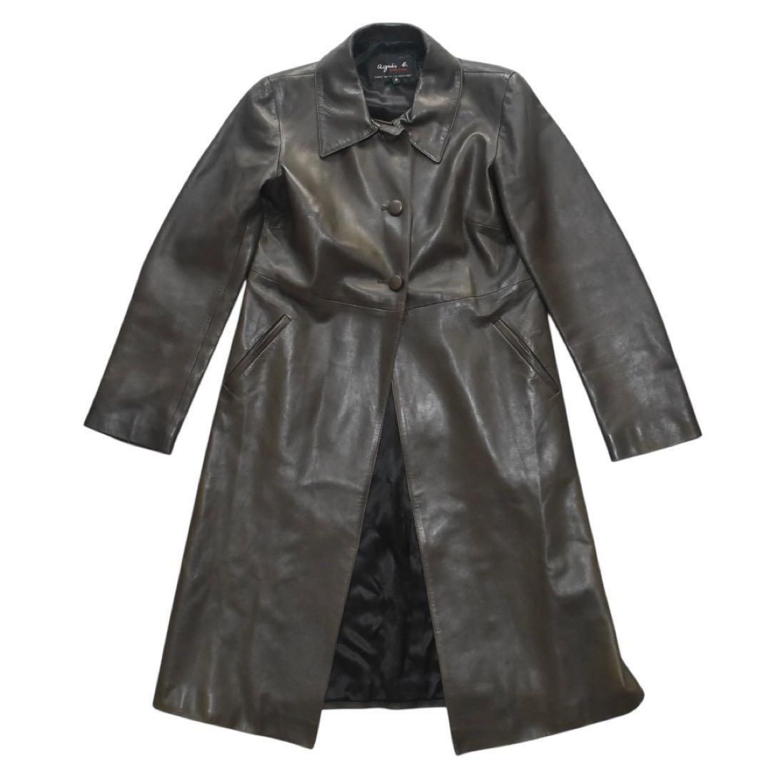 agnes b SPECIAL フランス製 ラムレザー ロングコート オリーブ2