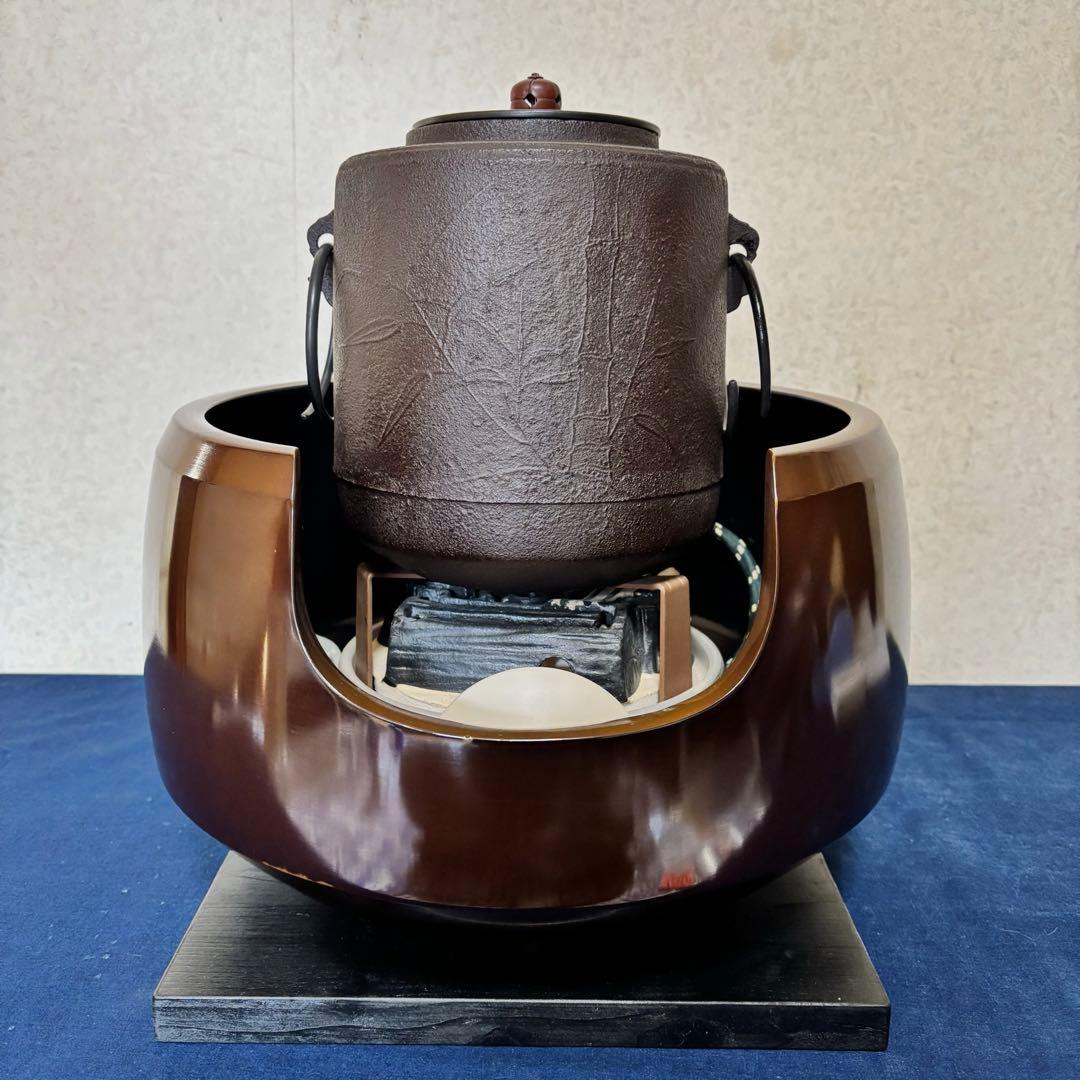 風炉/茶釜/電熱器/唐銅面取風炉/竹地紋筒釜/野々田電熱器/敷板/前瓦/底瓦