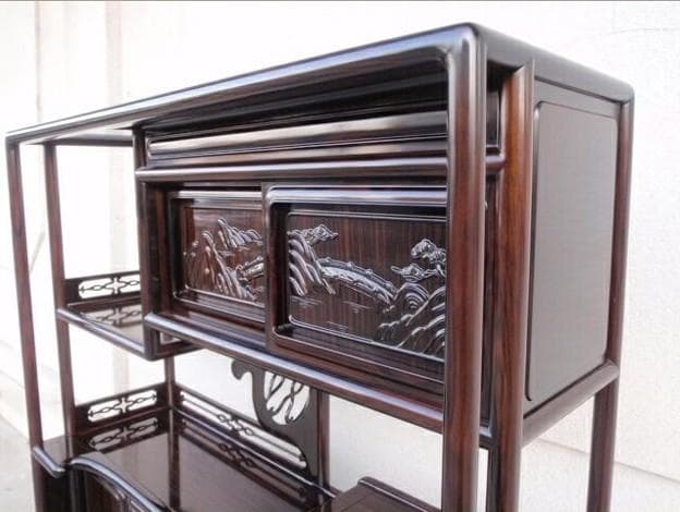 半額以下！新品 95巾 黒檀 無垢 高級飾り棚 違い棚 唐木茶棚 茶箪笥 検花梨