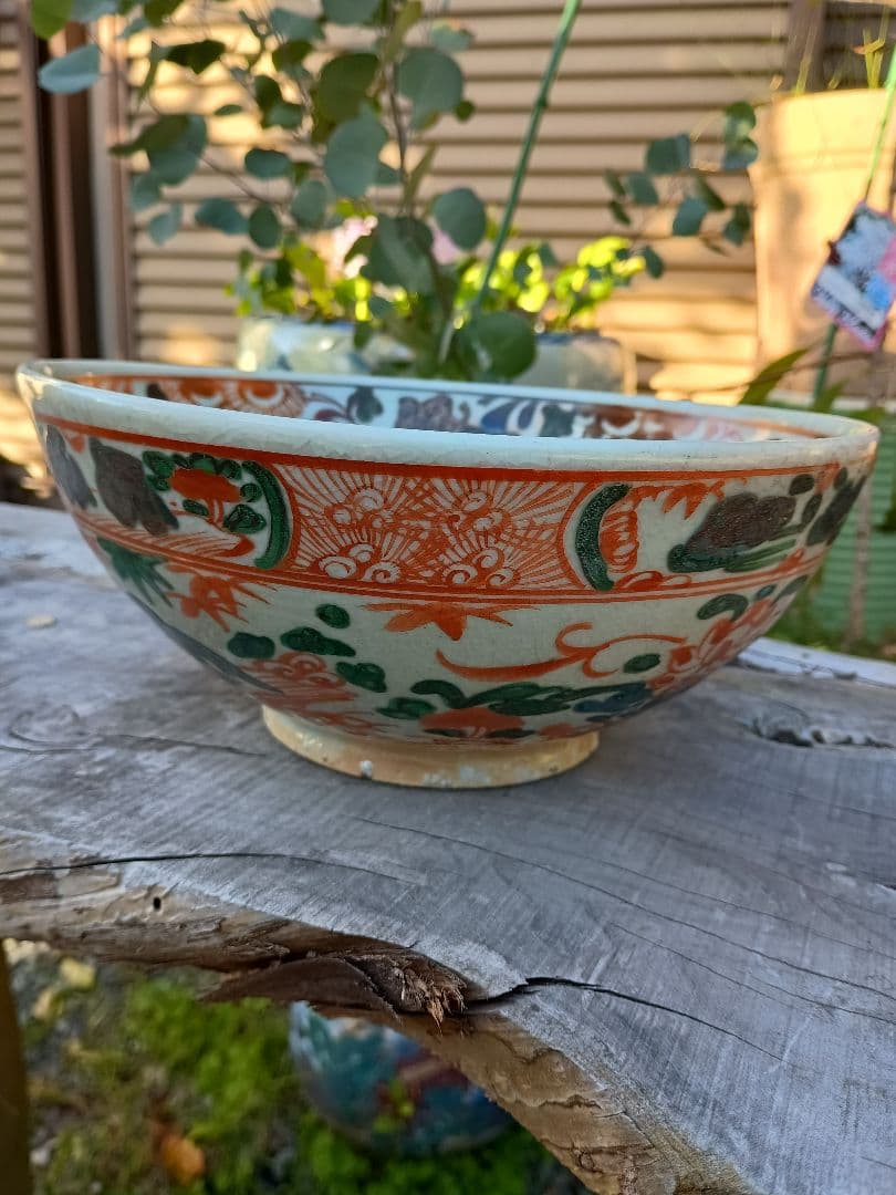 明末清初 呉須赤絵 見込み花図大鉢